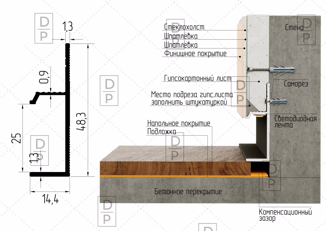Плинтус с ножкой AP1029 алюминиевый - Плинтусы скрытого монтажа (двери)