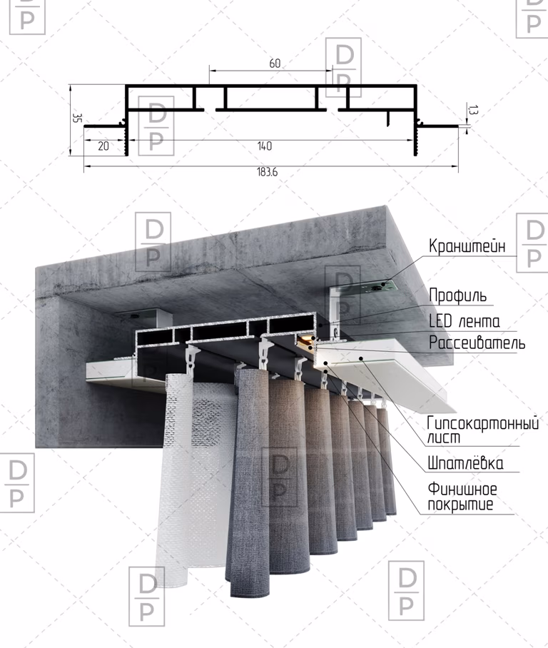 Низкий карниз AP1025 скрытый карниз - Плинтусы скрытого монтажа (двери)